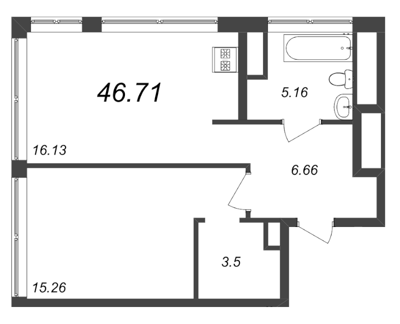 1-комнатная квартира, 46.71 м² в ЖК "GloraX Premium Василеостровский" - планировка, фото №1