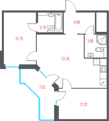 3-комнатная (Евро) квартира, 61.12 м² в ЖК "Город-спутник Южный" - планировка, фото №1