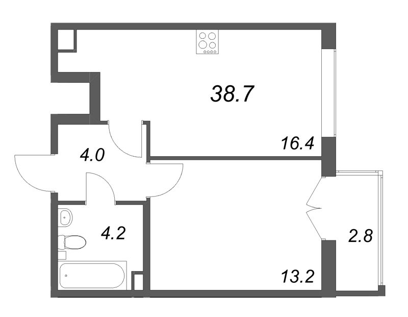 2-комнатная (Евро) квартира, 38.7 м² в ЖК "Кронунг ЮГ" - планировка, фото №1
