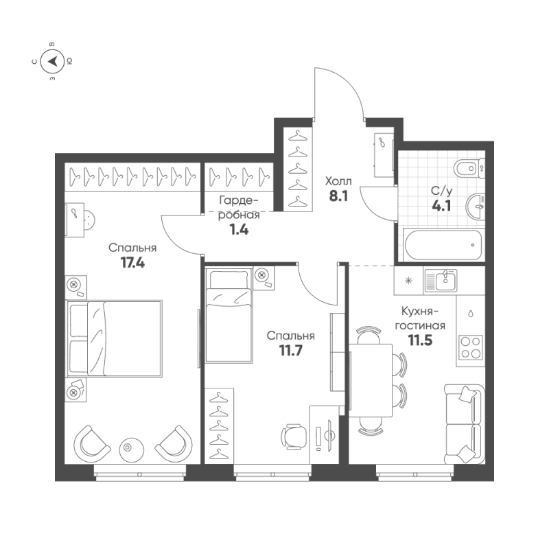 2-комнатная квартира, 54.2 м² в ЖК "Ягодное Река Парк" - планировка, фото №1