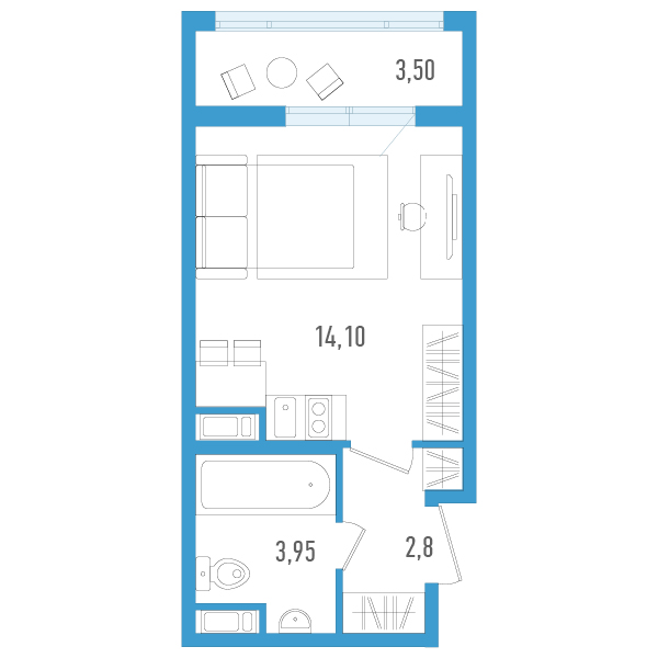 Квартира-студия, 22.6 м² в ЖК "AEROCITY" - планировка, фото №1