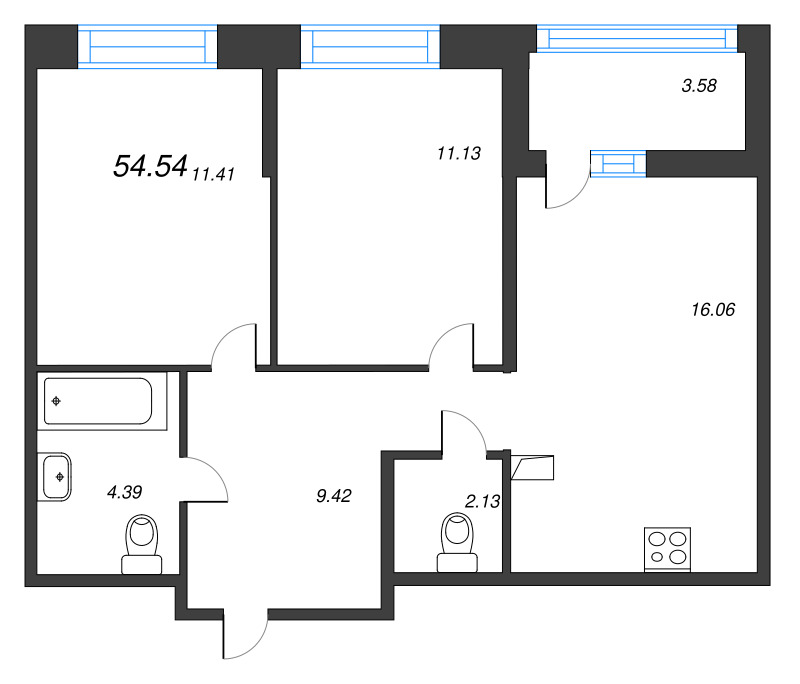3-комнатная (Евро) квартира, 54.54 м² в ЖК "Ultra City 3.0" - планировка, фото №1