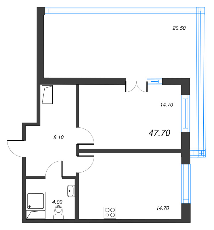 1-комнатная квартира, 47.7 м² - планировка, фото №1
