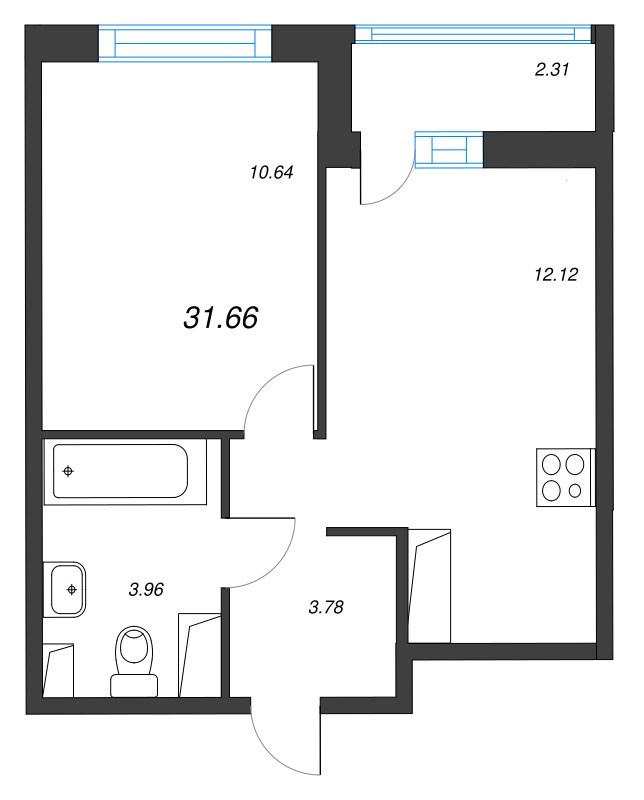 1-комнатная квартира, 31.66 м² в ЖК "Кронунг Янино" - планировка, фото №1
