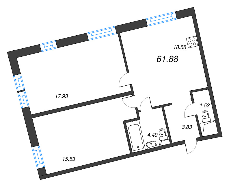 3-комнатная (Евро) квартира, 61.88 м² в ЖК "Бульвар Грина" - планировка, фото №1