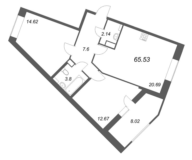 3-комнатная (Евро) квартира, 65.53 м² в ЖК "Аквилон RekaPark" - планировка, фото №1