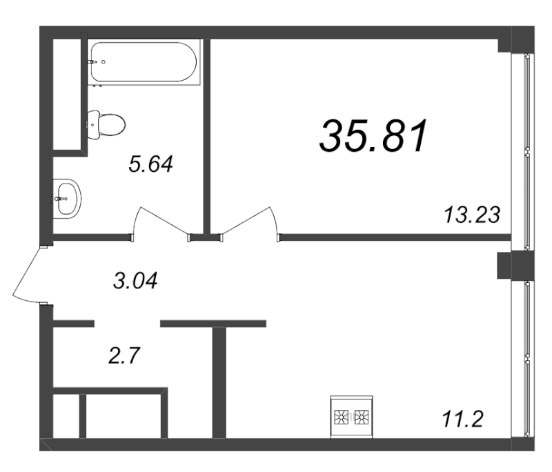 1-комнатная квартира, 35.55 м² - планировка, фото №1