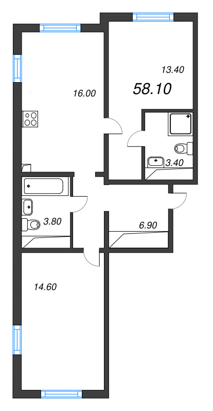 3-комнатная (Евро) квартира, 58.1 м² в ЖК "Дыбенко Парк" - планировка, фото №1