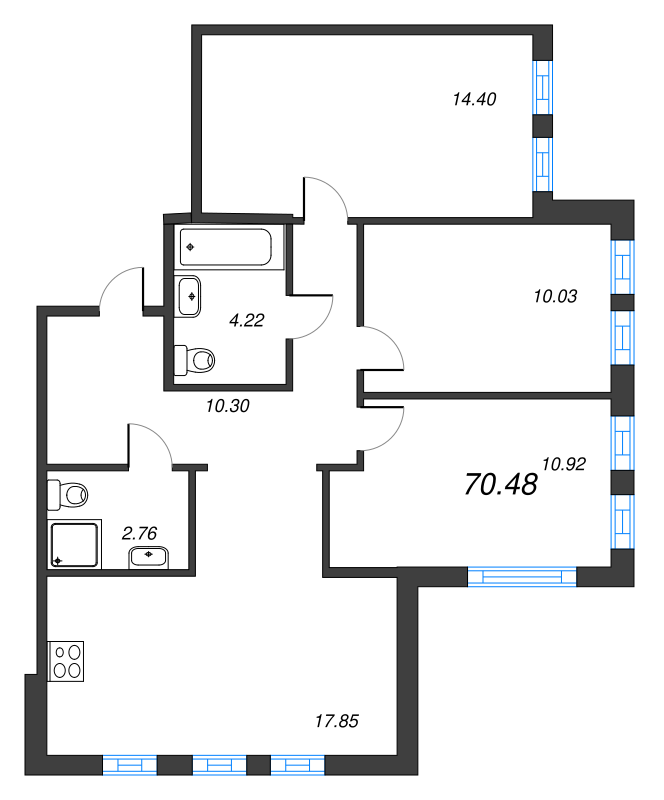 4-комнатная (Евро) квартира, 70.48 м² в ЖК "Мурино Space" - планировка, фото №1