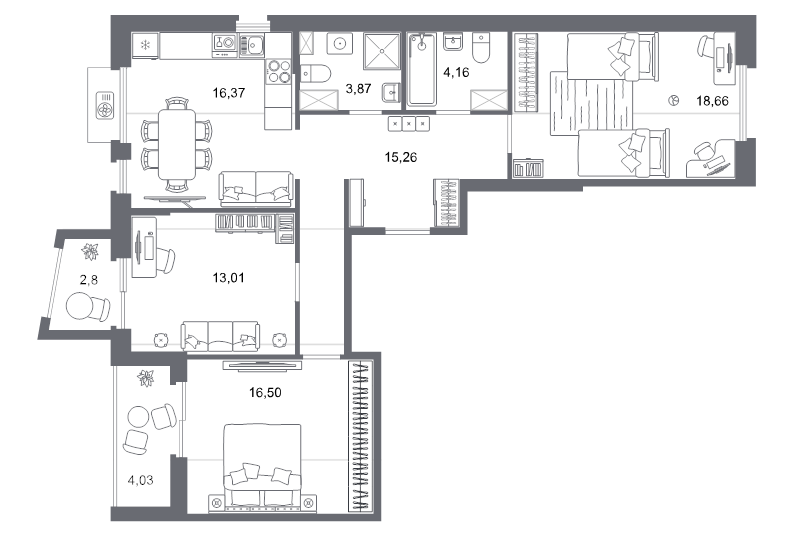 4-комнатная (Евро) квартира, 90.69 м² - планировка, фото №1