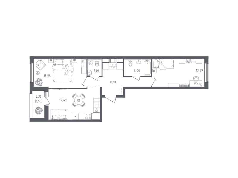 2-комнатная квартира, 59.63 м² - планировка, фото №1