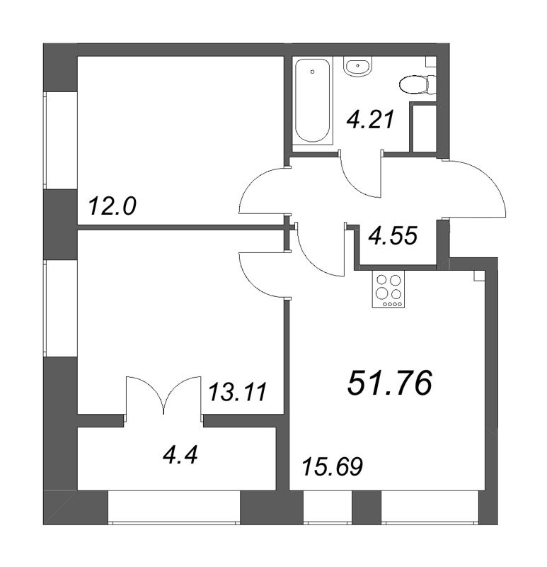 3-комнатная (Евро) квартира, 51.76 м² в ЖК "NewПитер 2.0" - планировка, фото №1