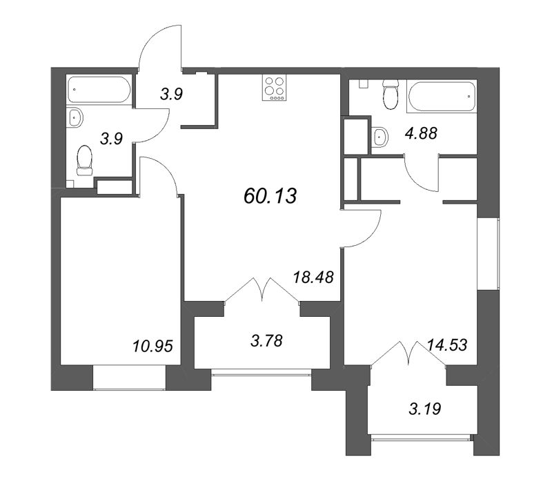 3-комнатная (Евро) квартира, 60.13 м² в ЖК "Ranta Residence" - планировка, фото №1