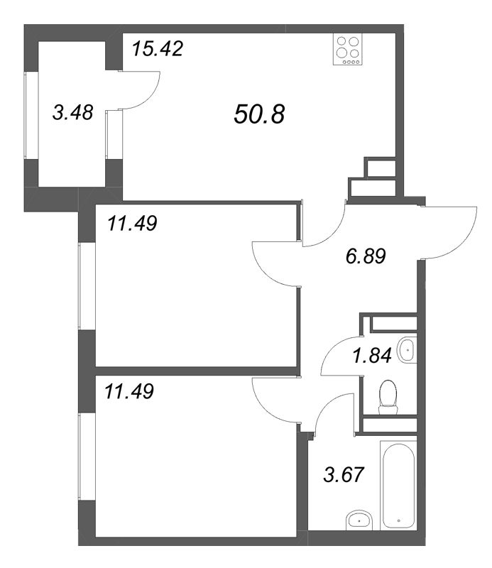 3-комнатная (Евро) квартира, 50.8 м² в ЖК "Дубровский" - планировка, фото №1