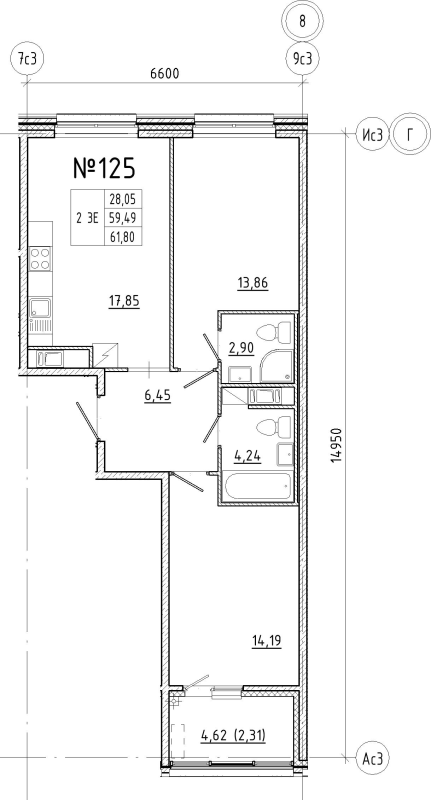 3-комнатная (Евро) квартира, 61.8 м² в ЖК "N8" - планировка, фото №1