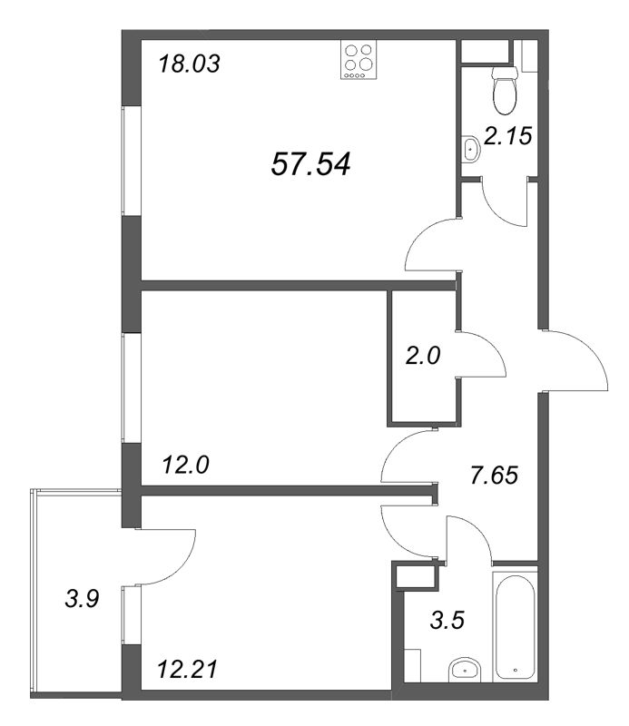 3-комнатная (Евро) квартира, 57.54 м² - планировка, фото №1