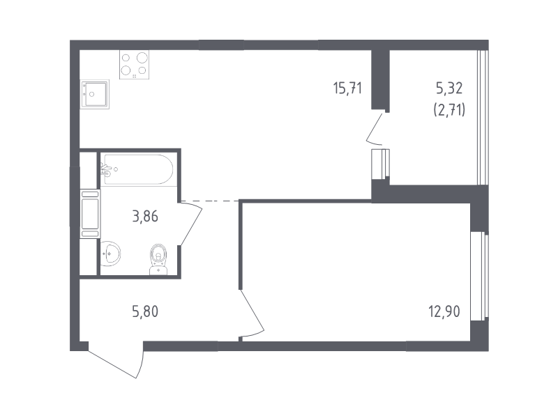 2-комнатная (Евро) квартира, 40.98 м² - планировка, фото №1