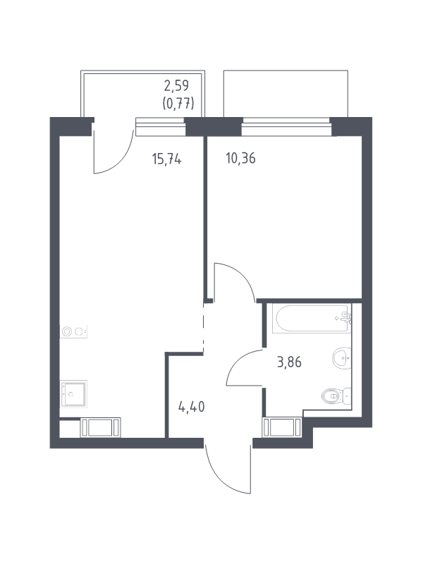 2-комнатная (Евро) квартира, 35.13 м² в ЖК "Квартал Торики" - планировка, фото №1