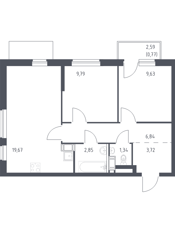3-комнатная (Евро) квартира, 54.61 м² в ЖК "Квартал Торики" - планировка, фото №1