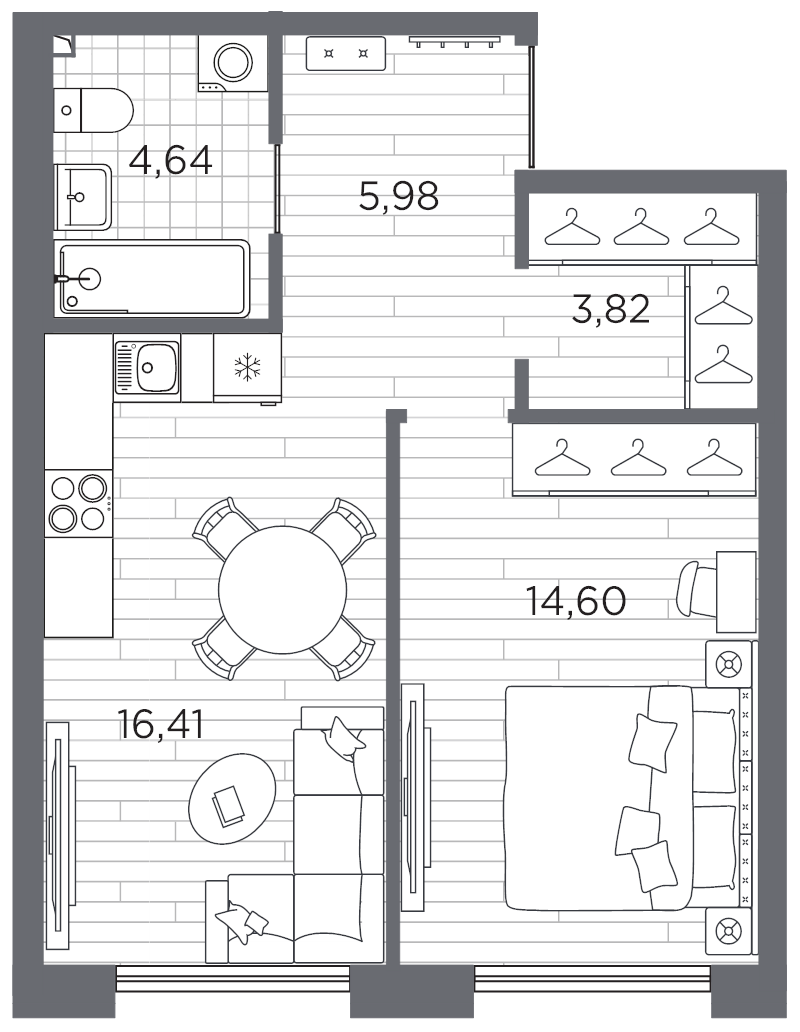 2-комнатная (Евро) квартира, 45.45 м² в ЖК "Галерная гавань" - планировка, фото №1