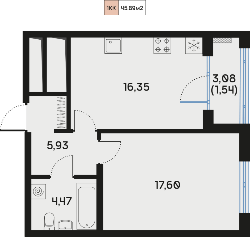 2-комнатная (Евро) квартира, 45.89 м² - планировка, фото №1