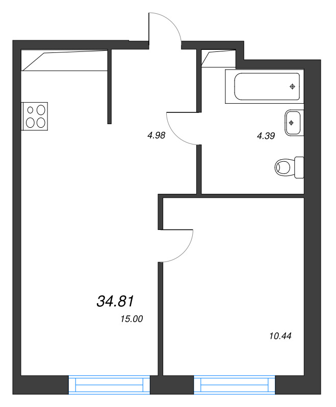 2-комнатная (Евро) квартира, 34.81 м² в ЖК "Окла" - планировка, фото №1