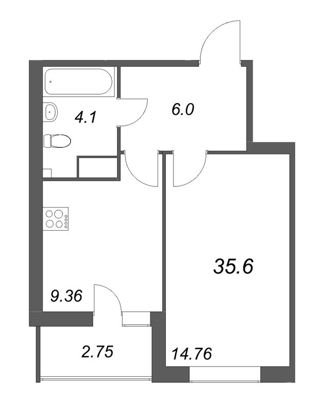 1-комнатная квартира, 35.6 м² в ЖК "Аквилон Янино" - планировка, фото №1