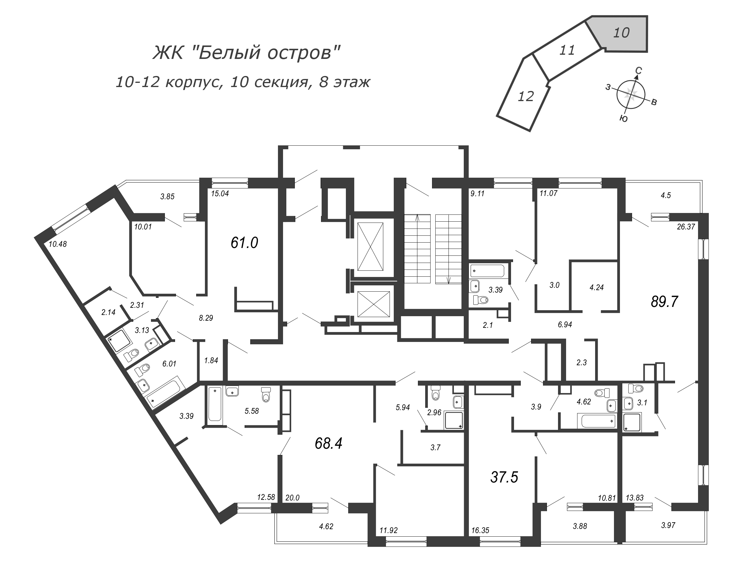 3-комнатная (Евро) квартира, 61.7 м² - планировка этажа