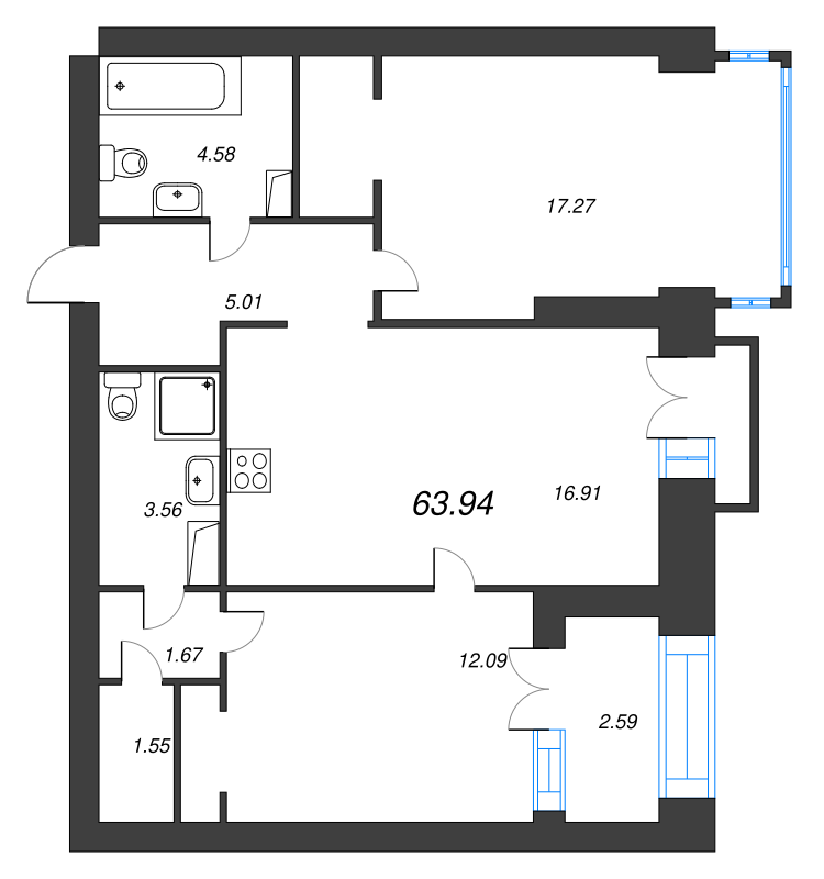 3-комнатная (Евро) квартира, 67.8 м² в ЖК "Наука" - планировка, фото №1