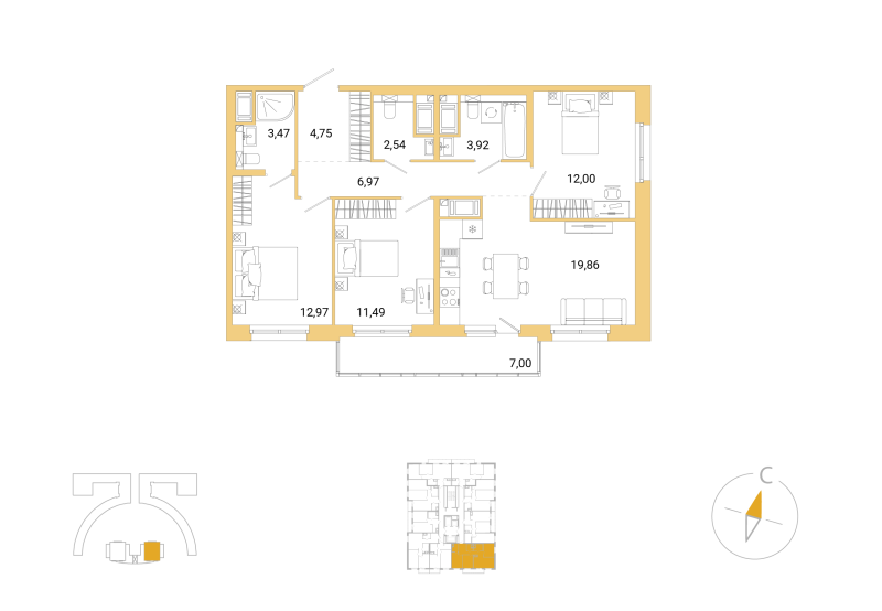 4-комнатная (Евро) квартира, 80.07 м² - планировка, фото №1