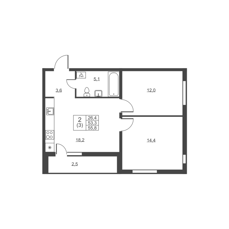 3-комнатная (Евро) квартира, 55.8 м² в ЖК "Ермак" - планировка, фото №1