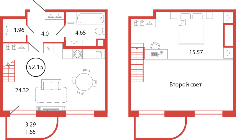 2-комнатная (Евро) квартира, 52.15 м² в ЖК "Энфилд" - планировка, фото №1