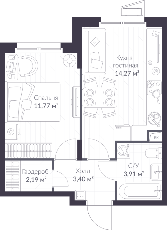 1-комнатная квартира, 35.54 м² в ЖК "VEREN NORT сертолово" - планировка, фото №1