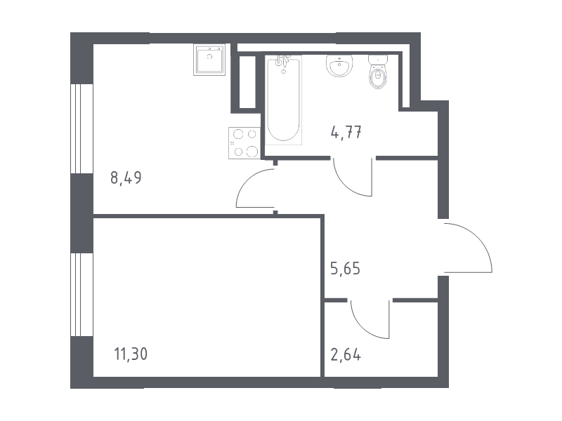 1-комнатная квартира, 32.85 м² - планировка, фото №1