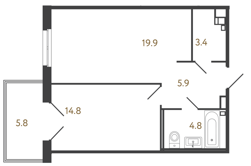 2-комнатная (Евро) квартира, 48.8 м² в ЖК "Репин" - планировка, фото №1