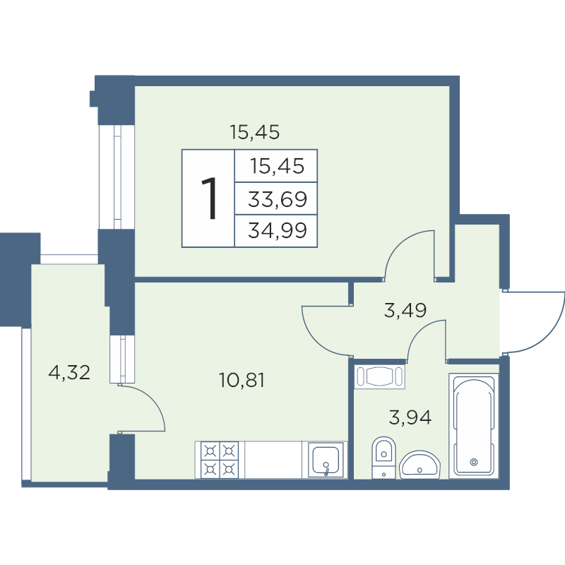 1-комнатная квартира, 34.99 м² - планировка, фото №1