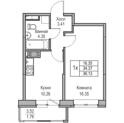 1-комнатная квартира, 36.13 м² в ЖК "Юнтолово" - планировка, фото №1