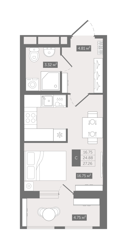 Квартира-студия, 27.26 м² в ЖК "Квартал «Воронцовский»" - планировка, фото №1