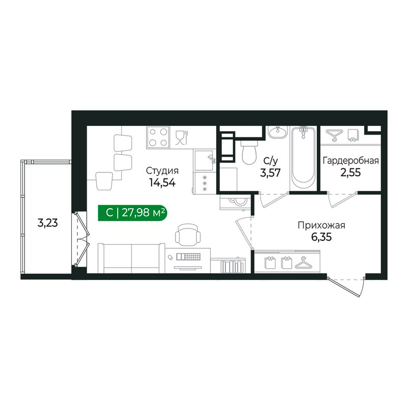 Квартира-студия, 26.9 м² в ЖК "Сертолово Парк" - планировка, фото №1
