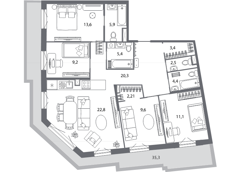 5-комнатная (Евро) квартира, 120.7 м² - планировка, фото №1