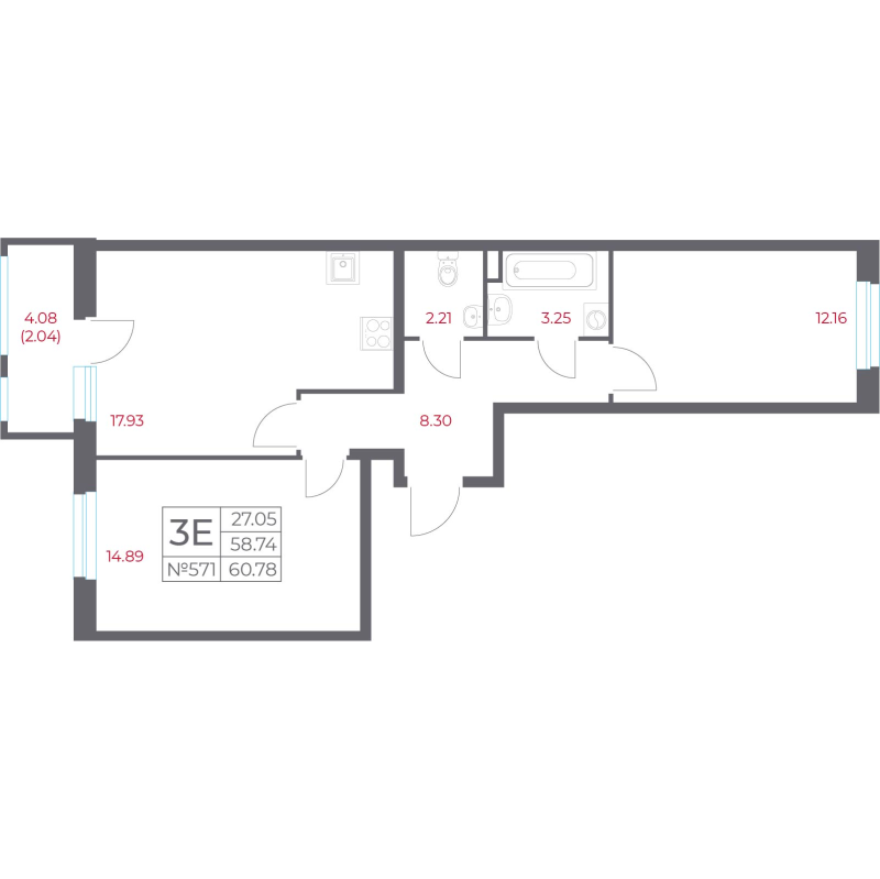 3-комнатная (Евро) квартира, 60.78 м² в ЖК "Город-спутник Южный" - планировка, фото №1