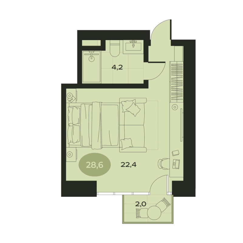 Квартира-студия, 28.6 м² в ЖК "Место в Смолячково" - планировка, фото №1