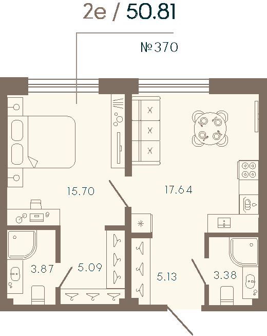 2-комнатная (Евро) квартира, 50.81 м² в ЖК "17/33 Петровский остров" - планировка, фото №1