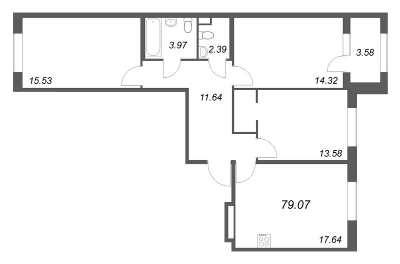 4-комнатная (Евро) квартира, 79.07 м² в ЖК "Дубровский" - планировка, фото №1