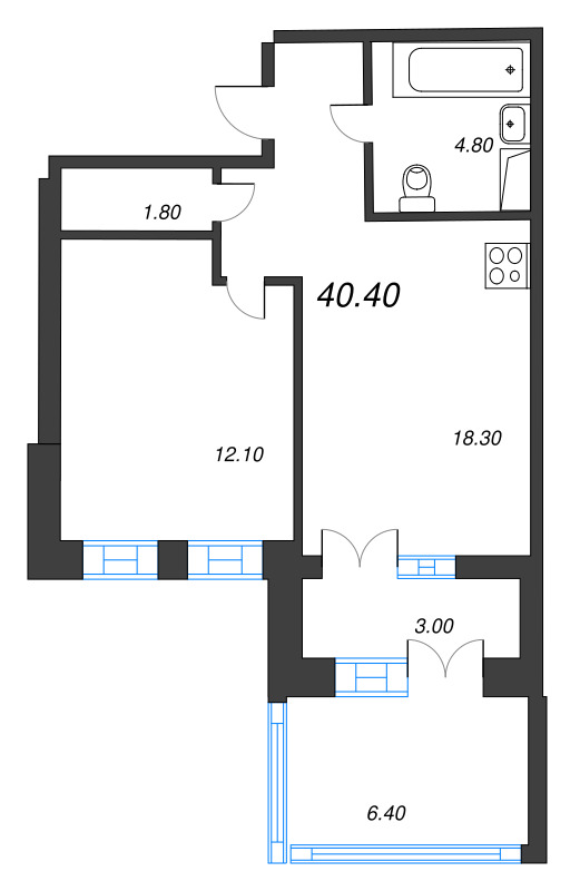 1-комнатная квартира, 40.4 м² в ЖК "NewПитер 2.0" - планировка, фото №1