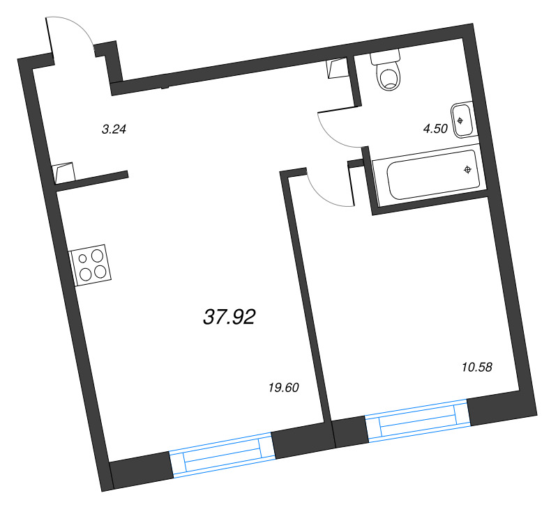 2-комнатная (Евро) квартира, 37.92 м² в ЖК "Бульвар Грина" - планировка, фото №1