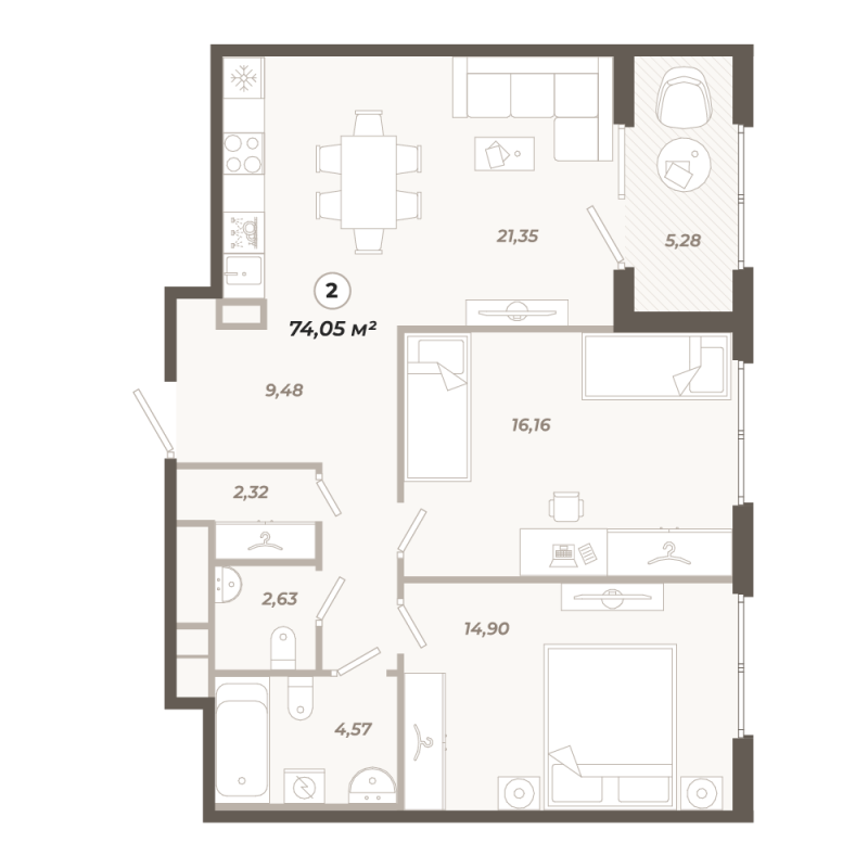 3-комнатная (Евро) квартира, 74.05 м² в ЖК "Знатный" - планировка, фото №1