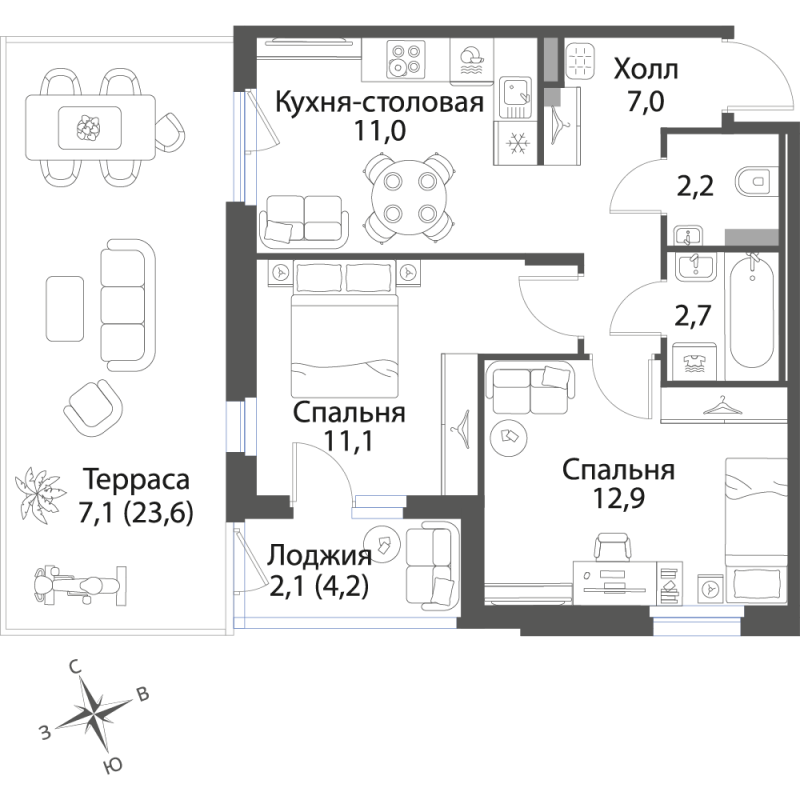 2-комнатная квартира, 56.1 м² в ЖК "Экография" - планировка, фото №1