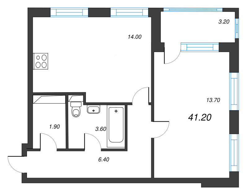 2-комнатная (Евро) квартира, 41.2 м² в ЖК "Тайм Сквер" - планировка, фото №1