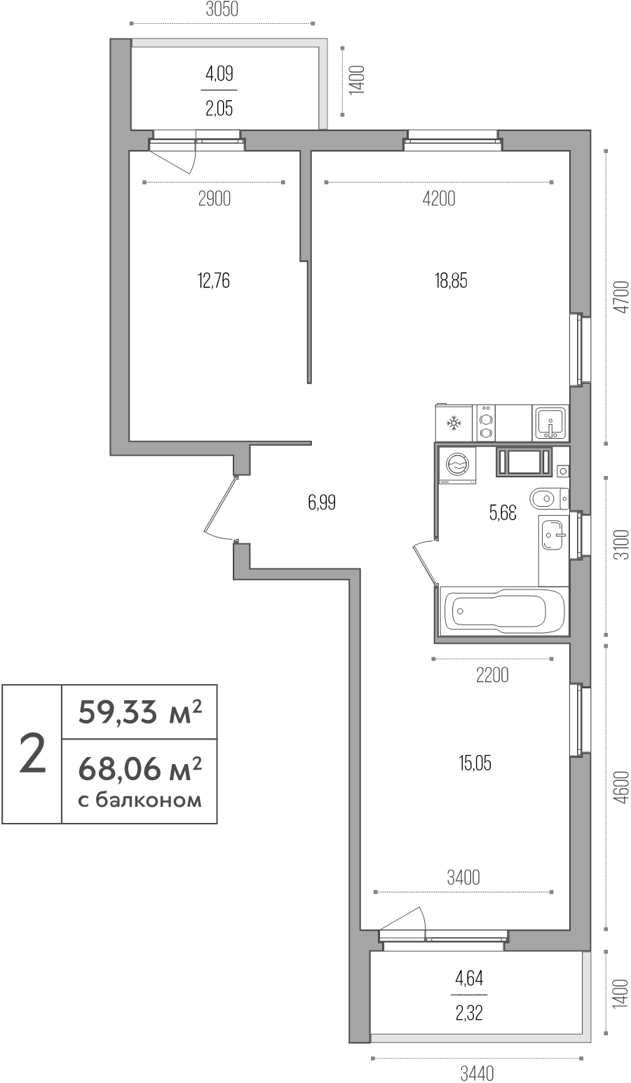 3-комнатная (Евро) квартира, 59.33 м² в ЖК "Simple" - планировка, фото №1